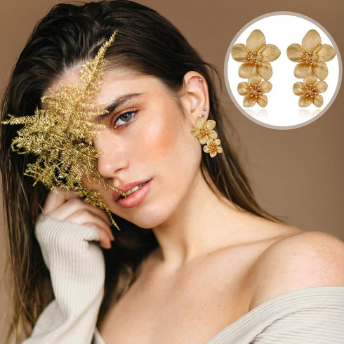 Gold Flower Earrings Double Flower Gold Statement Earrings for Women, Hypoallergenic Gold Floral Earrings Large Gold Earrings for Women Boho Jewel...
