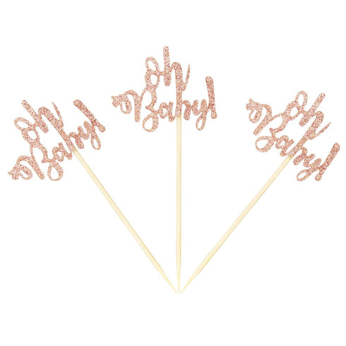 Ercadio 24 Pack Oh Baby Cupcake Toppers Rose Gold Glitter Baby Shower Cupcake Picks Boys Girls Birthday Party Cake Decorations...