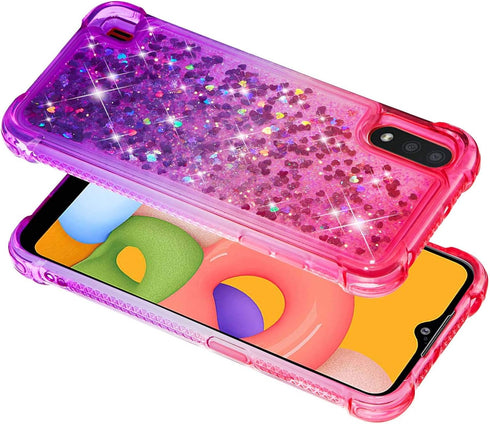 for Galaxy A01 Case with Tempered Glass Screen Protector,Glitter Bling Floating Liquid Sparkle Quicksand Women Girls Cute Clear TPU Phone Cover Pr...