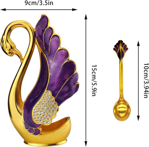 Swan Base Holder with 6pcs Coffee Dessert Dinner Spoon Set, Metal Coffee Spoon Organizer Teaspoon Fruit Dessert Flatware Sugar Ice Cream Spoons (P...