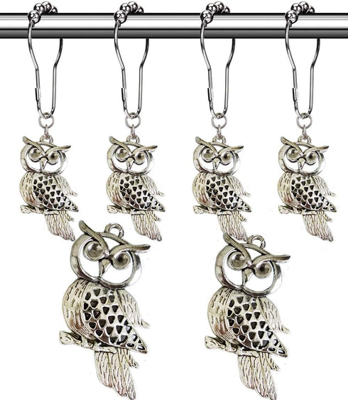 Country Shower Curtain Hooks - Rust Proof Brushed Nickel Rings with Owl Pendant Accessories Set - Decorative Metal Shower Curtain Hooks and Rings ...