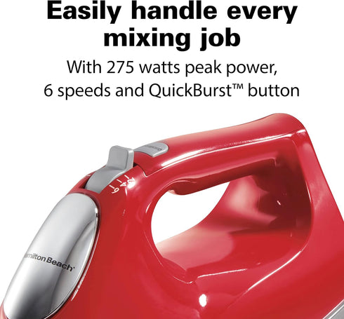 Hamilton Beach 6-Speed Electric Hand Mixer with Whisk, Traditional Beaters, Dough Hooks, Snap-On Storage Case, 275 Watts, Red...