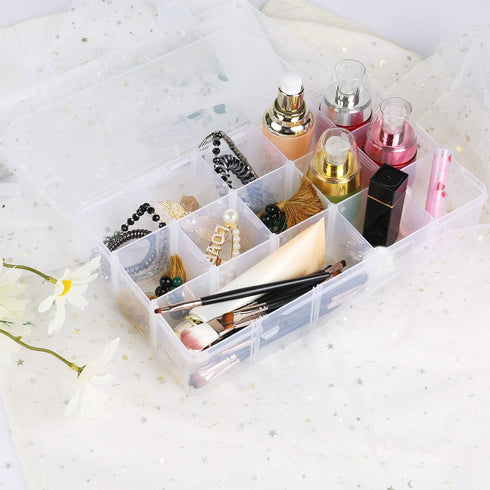 2 Pack 15 Grids Clear Plastic Organizer Box with Adjustable Dividers, Craft Storage Containers for Jewelry, Beads, Screws, Tackle Box, Washi Tapes...