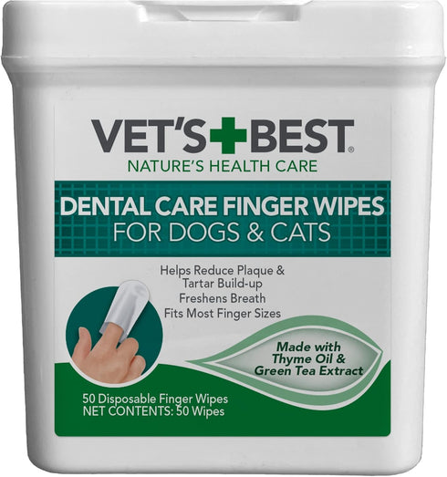 Vet's Best Dental Care Finger Wipes - Reduces Plaque & Freshens Breath - Teeth Cleaning Finger Wipes for Dogs & Cats - 50 Count...