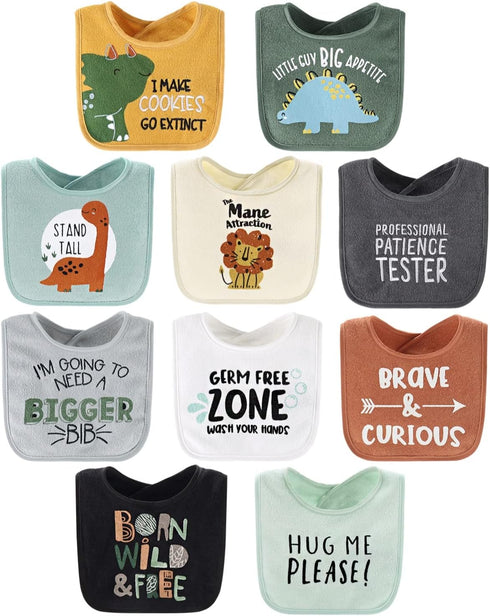 The Peanutshell Terry Bib Set for Baby Boys | 10 pack for Feeding, Teething, & Drooling | Dinosaur...