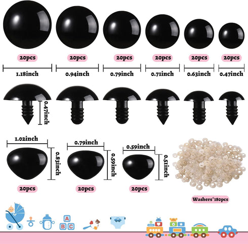 360 Pcs Large Plastic Safety Eyes and Noses 12-30mm Assorted Sizes with Washers for Crochet Big Stuffed Animals Needle Felting Crafts Dolls DIY, B...