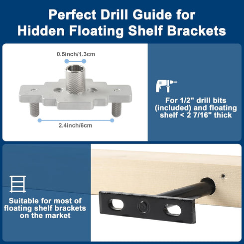 Floating Shelf Bracket Dowel Jig Kit with 1/2" x 9" Drill Bit, Self Centering Straight Hole Drill Guide for Installing Floating Shelf Hidden Brack...