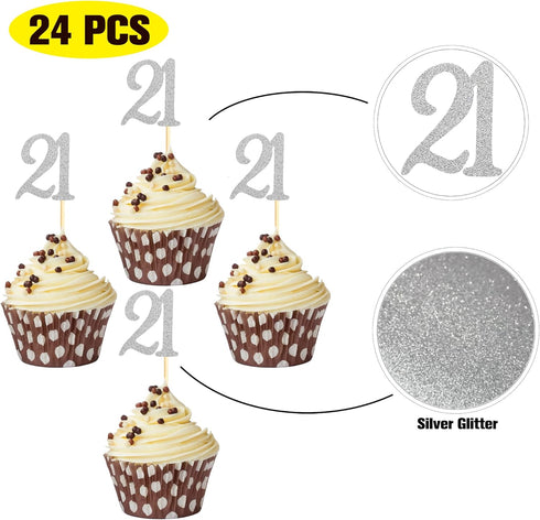 Sumerk 24PCS 21 Cupcake toppers Silver Glitter 21st Birthday Cupcake Picks Anniversary Party Decorations...