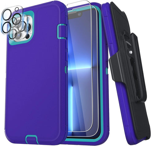 FEIYAR HOME for iPhone 13 Pro Max Heavy Duty Case with 2 Tempered Glass Protectors and Camera Lens Protector, Belt Clip Holster Kickstand - Milita...