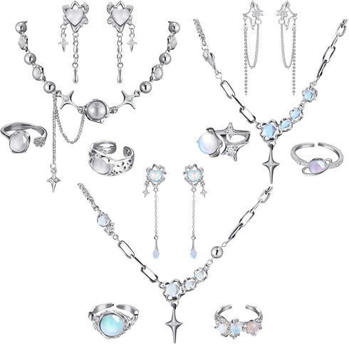 12 Pcs Y2k Necklace Jewelry Set Y2k Star Moonstone Accessories Irregular Pendant Earrings Dangling Silver Y2k Rings Aesthetic Crystal Jewelry Gift...
