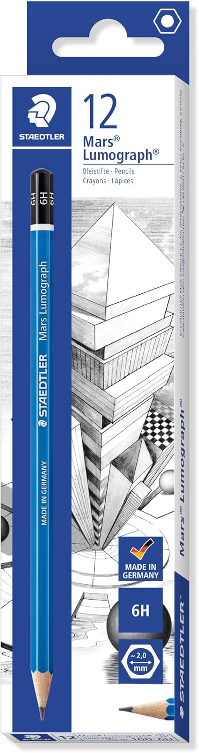 Staedtler Mars Lumograph 6H Graphite Art Drawing Pencil, Medium Hard, Break-Resistant Bonded Lead, 12 Pack, 100-6H, blue (100-6H VE)...