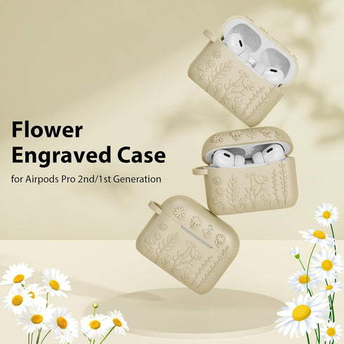 AirPods Pro 2 Case Cover, KOREDA Cute Flower Engraved Design Case for Airpods Pro 2nd Generation/1st Generation, Soft Silicone Full Protective Cov...