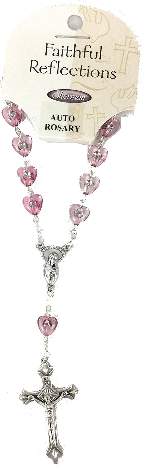 Rosary for Car Rearview Mirror Amethyst Pink Beads W Silverfoil Accents...