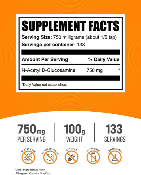 BulkSupplements.com N-Acetyl Glucosamine Powder - NAG Powder, Glucosamine 750mg, Glucosamine Supplement - Glucosamine Powder, Gluten Free, 750mg o...