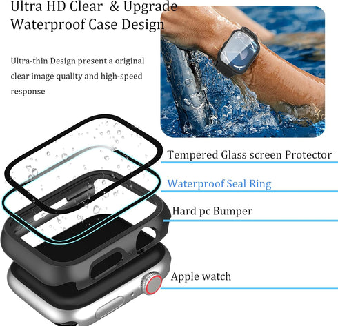 2 Pack Waterproof Case for Apple Watch 45mm Series 9 8 7 with Tempered Glass Screen Protector, Full Protective Hard PC Bumper Case Face Cover for ...