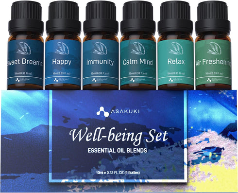 ASAKUKI Essential Oil Blends, Essential Oils Set for Diffusers for Home, Well-being Kit- Calming, Dreams, Breathe, Relaxing, Mood, Fresh Air Aroma...