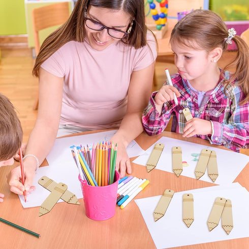 Whaline 50Pcs Back to School DIY Craft Cutout Wooden Pencil Shaped Hanging Ornaments with Hemp Rope for First Day of School Classroom Party Decora...