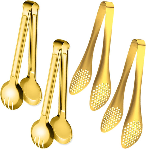 4 PCS Serving Tongs 9 Inch Buffet Tongs Stainless Steel Serving Utensils for Salad Buffet Appetizer Dessert Food Parties, Gold...