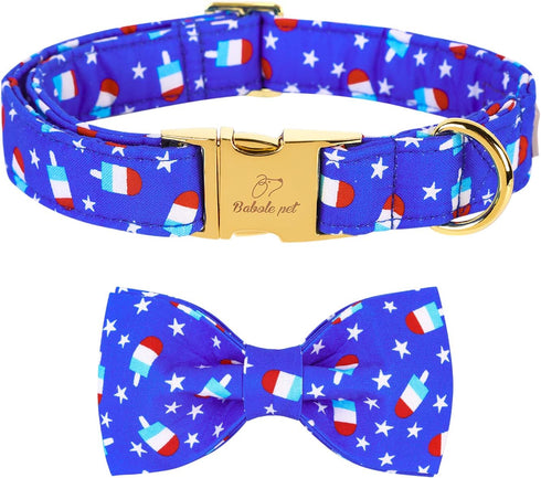 Dog Collar Bow Tie Blue Popsicle Star Dog Collar Girls with Safety Metal Buckle Adjustable Puppy Collars for Small Medium Large Dog (M)...