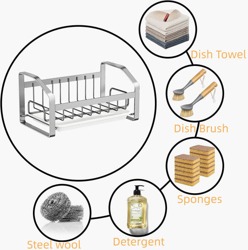 Kitchen Sink Sponge Holder, 304 Stainless Steel Kitchen Soap Dispenser Caddy Organizer, Countertop Soap Dish Rack Drainer with Removable Drain Tra...