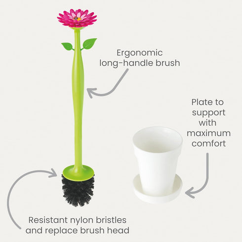 Vigar Flower Power Toilet Brush with Holder Set Toilet Brush with Daisy-shaped Handle, Flowerpot Base with Saucer Durable Bristles for Bathroom, W...