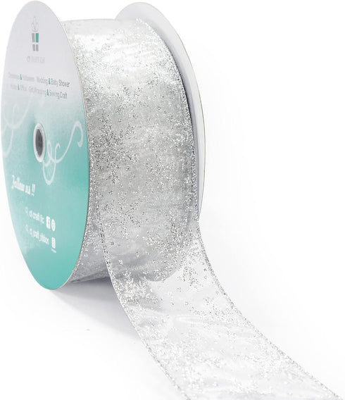 CT CRAFT LLC Organza with Silver Glitter Snowflakes Wired Ribbon 2.5 inch x 50 Yards for Christmas Home Decor Tree Topper Bow Gift Wrapping DIY Cr...