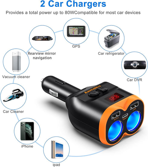 PD20W USB-C QC3.0 Fast Charger Car Adapter 120W 2-Socket Cigarette Lighter Adapter 12/24V with Dual USB-A Separate Switch LED Voltmeter Replaceabl...