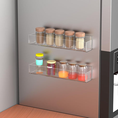 VAEHOLD Adhesive Acrylic Spice Rack with Nano Double Sided Tape Wall Mount Organizer Clear Wall Spice Rack With Shelf Ends for Kitchen Cabinet Doo...