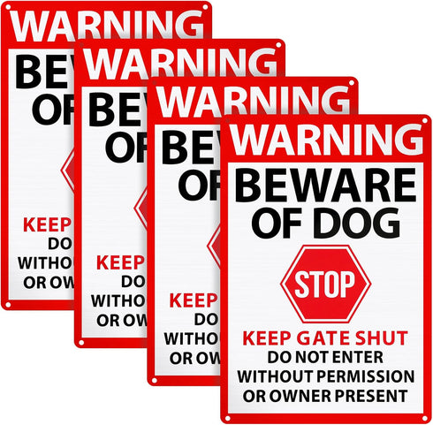 Blulu 4 Pcs Warning Beware of Dog Sign 10 x 7 Inch Do Not Enter Metal Signs No Trespassing Dog Sign Stop Keep Gate Closed Sign for Fence Door Gate...