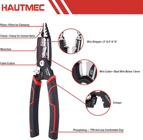 HAUTMEC Forged Wire Stripper Pliers 8", Compact Design, Multifuncion Electrical Tool: Pliers,Stripper, Cable Cutter, Crimper HT0319-PL...