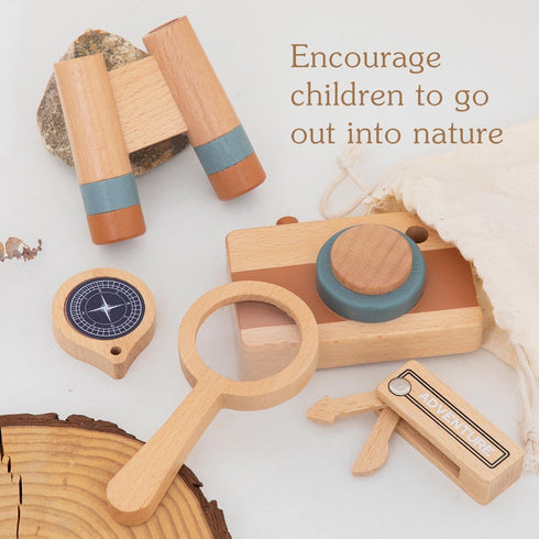 Wooden Outdoor Adventure Toys,Kids Explorer Kit With Wooden Telescope,Camera,Wooden Knife,Compass,Magnifying Glass 5-Piece Outdoor Toy Set,Camping...