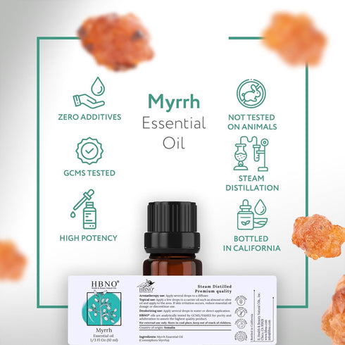 HBNO Myrrh Essential Oil - 1/3 oz (10 ml) Travel Size - Natural Myrrh Oil, Steam Distilled - Perfect for Cleaning, Aromatherapy, DIY, Soap & Diffu...