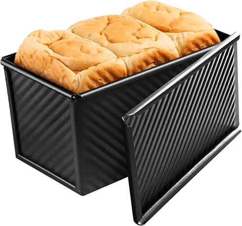 Pullman Loaf Pan with Lid, Non-Stick Bakeware Carbon Steel Bread Toast Mold with Cover for Baking Bread, Black Corrugated bread box (Upgraded Wave...