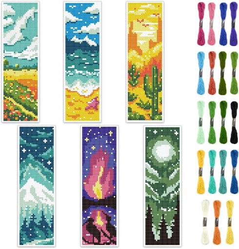 6pcs Scenery Cross Stitch Bookmark Kit DIY Beach Stamped Embroidery Bookmark Kits 8x2.4" Mountain Needlepoint Bookmark Kit with Instruction Aurora...