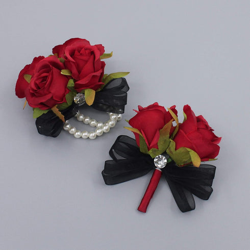 Abbie Home Prom Rose Corsage Boutonniere Set Real Touch Flowers for Party Ball Dancing Wedding with Lace Bow Décor (Red)...