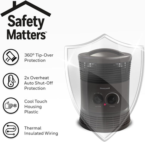 Honeywell HHF360V 360 Degree Surround Fan Forced Heater with Surround Heat Output Charcoal Grey Energy Efficient Portable Heater with Adjustable T...