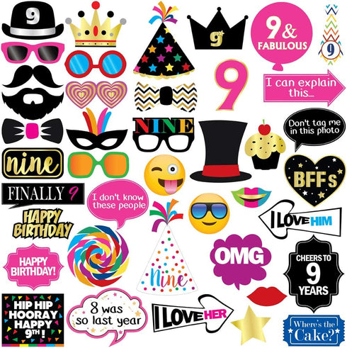 9th Birthday Photo Booth Party Props - 40 Pieces - Funny Kids Birthday Party Supplies, Decorations and Favors...