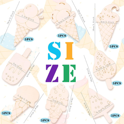 40 Pieces Unfinished Summer Ice Cream Wooden Cutouts, 8 Styles Ice Cream Wood Slices Unfinished Wood Cutouts Blank Wooden Paint Crafts for Kids Bi...