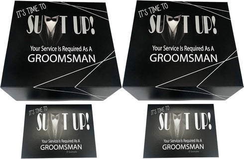Groomsmen Gift Boxes Set of 2 (8x8x4 in) Empty Set with Silver Foil Design and Matching Proposal Cards for Asking The Groom's Team to Be in Weddin...
