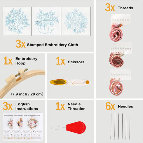 Sivilife Embroidery Kit for Beginners, 3 Sets Stamped Cross Stitch Kits for Beginner, Floral Pattern Embroidery Starter Kits for Adults with Embro...