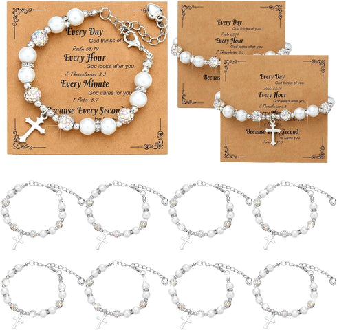 12 Pcs Christian Gifts for Women Men Baptism Gifts Cross Bracelet Rhinestone Charm Pearl Bracelet Religious Catholic Gifts Christian Religious Cro...