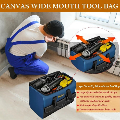 12 Inch Small Tool Bag for Men,Heavy Duty Wide Mouth Tool Tote with 6 Storage Pockets,Large Capacity Handbag,Canvas Mechanic Tool Bags,Portable To...