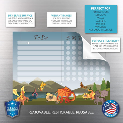 Kid’s Dry Erase Whiteboard Chore Chart | Removable and Restickable Adhesive Decal | Fine-Tip Magnetic Marker Included | 9” x 12" (Mythical Creatur...