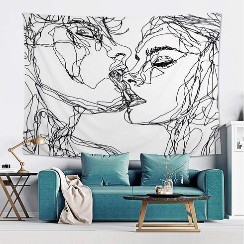 Ruibo Abstract Sketch Art Wall Hanging - Kissing Couple Tapestry, Beach Throw (W:59" H:51")...