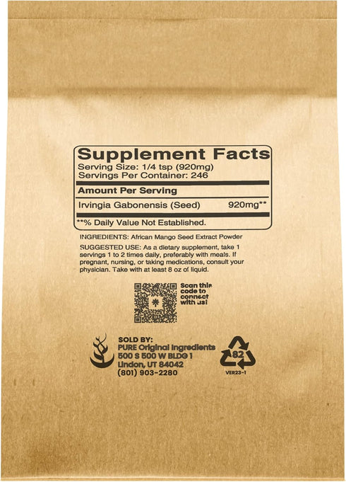 PURE ORIGINAL INGREDIENTS Irvingia Seed Extract (8 oz) African Mango, Always Pure, Herbal Supplement, No Fillers or Additives...