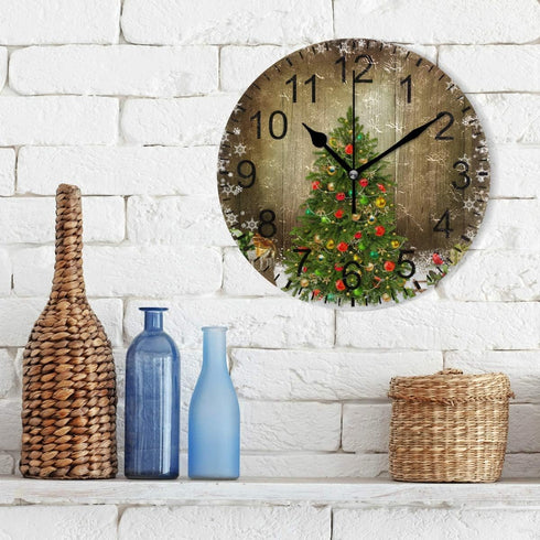 Wamika Wall Clock Christmas Tree Clock Silent Non Ticking Round Wall Clocks Decorative, Winter Rustic Wooden New Year Clocks 10 Inch Battery Opera...
