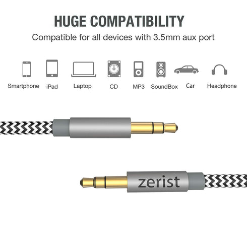 2 Pack 3.5mm Stereo Audio Cable Extension Male to Male Nylon Braided 10ft/3m Zerist Tangle-Free AUX Cable for Headphones, iPods, iPhones, iPads, H...