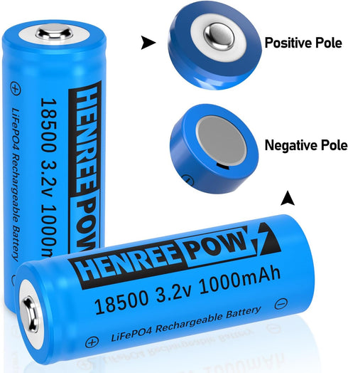 Henreepow 18500 3.2v Rechargeable Battery, 3.2v LiFePO4 Lithium Phosphate Battery 1000mAh for Outdoor Garden Solar Lights, Flashlight (2 Pack)...