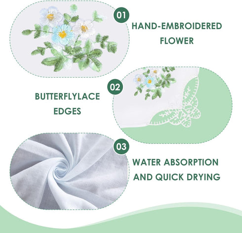 11" Embroidered Lace Cotton Handkerchiefs for Women, Elegant Floral Ladies Hankies with Lace Edge for Daily Use Party Wedding...