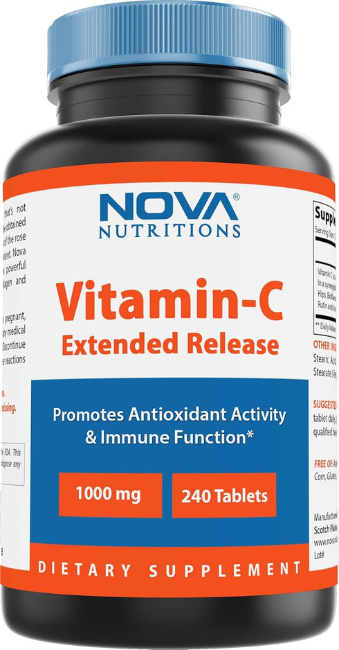 Nova Nutritions Vitamin C 1000 mg 240 Tablets (Extended Release) Made with Rose HIPS, Rutin, Acerola Powder, Bioflavonoids...